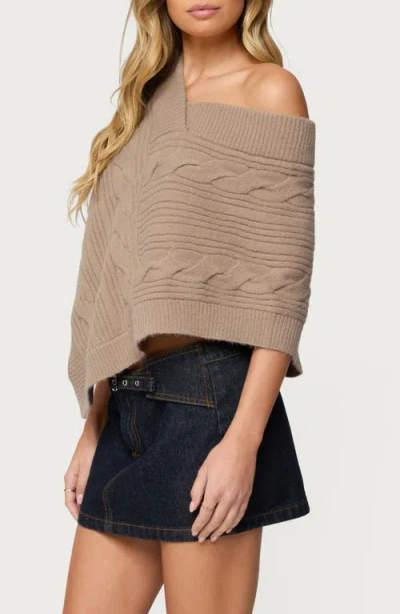 Edikted Vickey Cable Stitch One-shoulder Poncho In Brown