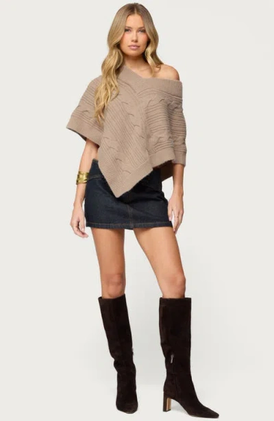 Edikted Vickey Cable Stitch One-shoulder Poncho In Brown