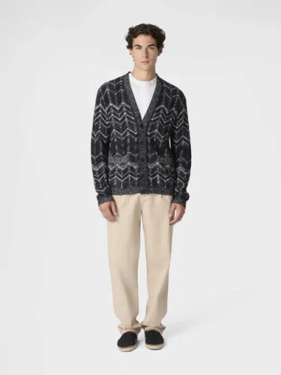 Missoni Cotton Chevron Cardigan With Ribbed Trims In Black