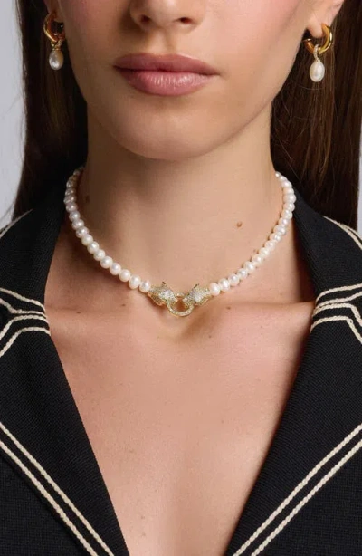 Nialaya Double Panther Head Pearl Choker Necklace In Gold