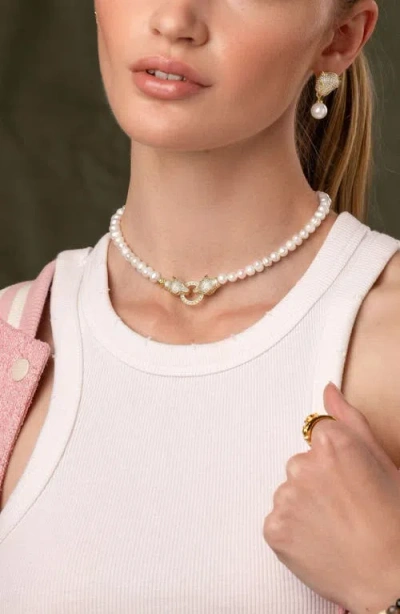Nialaya Double Panther Head Pearl Choker Necklace In Gold