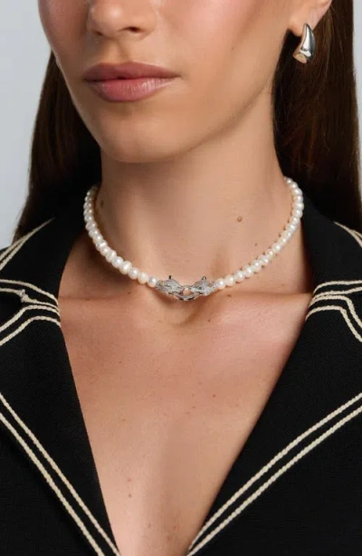 Nialaya Double Panther Head Pearl Choker Necklace In Silver