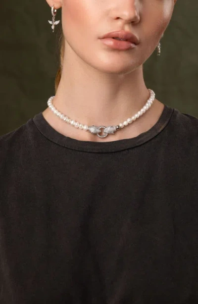 Nialaya Double Panther Head Pearl Choker Necklace In Silver