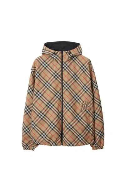 Burberry Reversible Check Hooded Jacket Pockets In Neutral