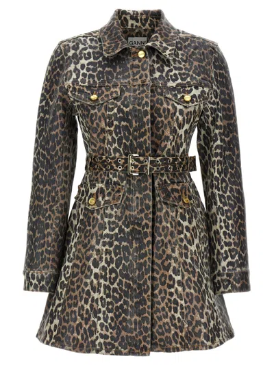 Ganni Leopard Denim Dress In Multicolor