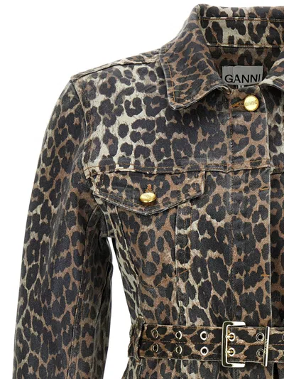 Ganni Leopard Denim Dress In Multicolor