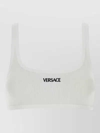 Versace Stretch Cotton Bra Scoop Neckline Ribbed In White