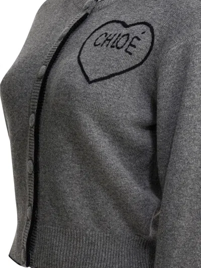 Chloé Wool And Cashmere Cardigan With Logo Knitwear Grey In Gray