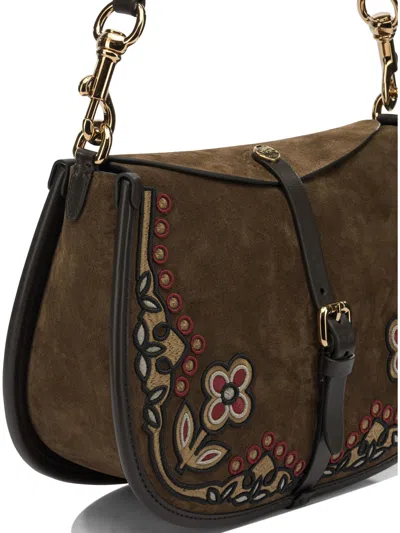 Etro Medium Pony Shoulder Bag Floral Embroidery In Brown