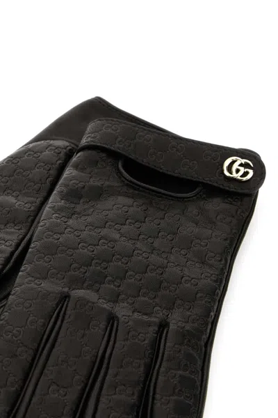 Gucci Leather Gloves Monogram Pattern Snap Button In Black