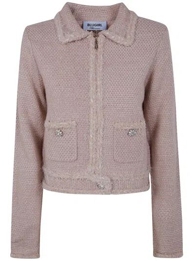 Blugirl Cropped Soft-textured Knit Sweater With Classic Collar In Pink