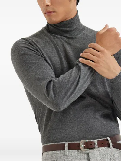 Brunello Cucinelli Wool Turtleneck Sweater With Ribbed Cuffs And Hem In Gray