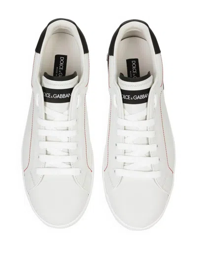 Dolce & Gabbana Portofino White Low Top Sneakers With Patch Logo And Red Stitching In Smooth Leather Man