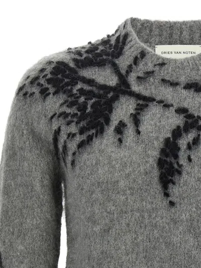 Dries Van Noten Mouche Embroidered Wool Sweater In Gray