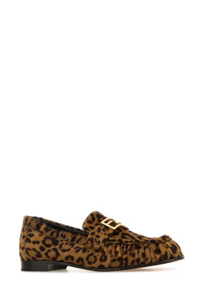 Fendi Women Brown Loafers With Ff Plaque And Leopard Motif In Brushed Leather Woman In Animal Print