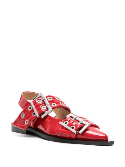 Ganni Feminine Buckle Patent Slingback Sandals In Red