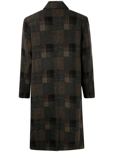 Les Deux Long Checkered Wool Coat With Notched Lapel In Brown