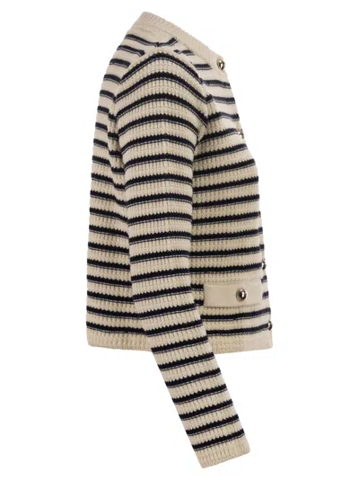 Weekend Max Mara Striped Cardigan Ribbed Knit Front Pockets In Neutral