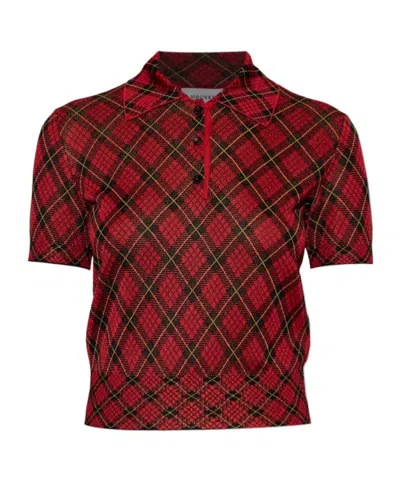 Alexander Mcqueen Microcheck Polo Shirt Lurex Collar Detail In Red