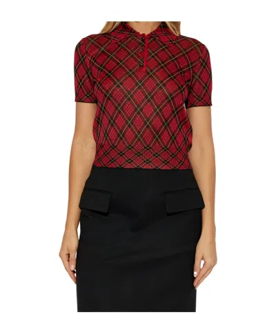 Alexander Mcqueen Microcheck Polo Shirt Lurex Collar Detail In Red