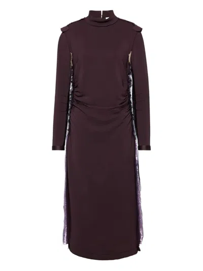 Maison Margiela High Neck Layered Midi Dress With Long Sleeves In Brown