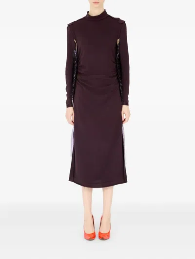 Maison Margiela High Neck Layered Midi Dress With Long Sleeves In Brown