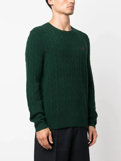Polo Ralph Lauren Green Cable Knit Crewneck Sweater With Pony Embroidery On The Front In Wool And Cashmere Man