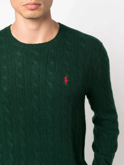 Polo Ralph Lauren Green Cable Knit Crewneck Sweater With Pony Embroidery On The Front In Wool And Cashmere Man