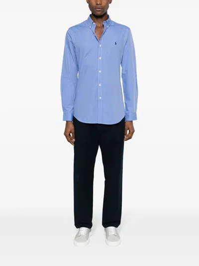 Polo Ralph Lauren Box-pleat Blue Stretch-cotton Poplin Shirt With Embroidered Logo