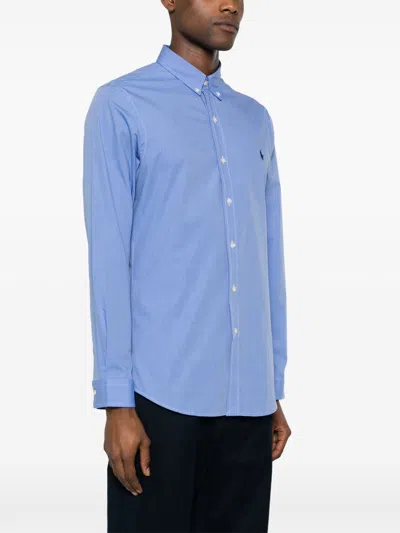 Polo Ralph Lauren Box-pleat Blue Stretch-cotton Poplin Shirt With Embroidered Logo