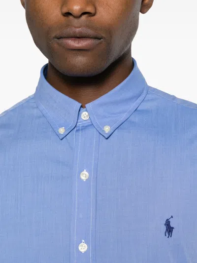 Polo Ralph Lauren Box-pleat Blue Stretch-cotton Poplin Shirt With Embroidered Logo