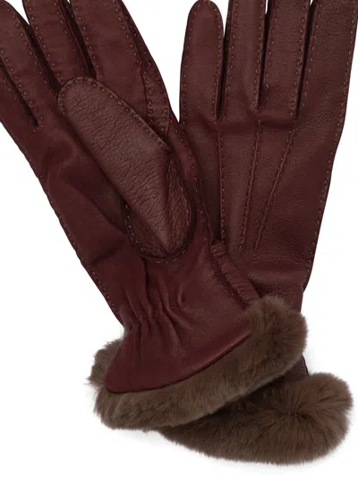 Restelli Leather Gloves With Fur Trim And Stitching In Brown