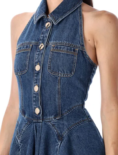 Self-portrait Denim Sleeveless Flared Mini Dress In Blue