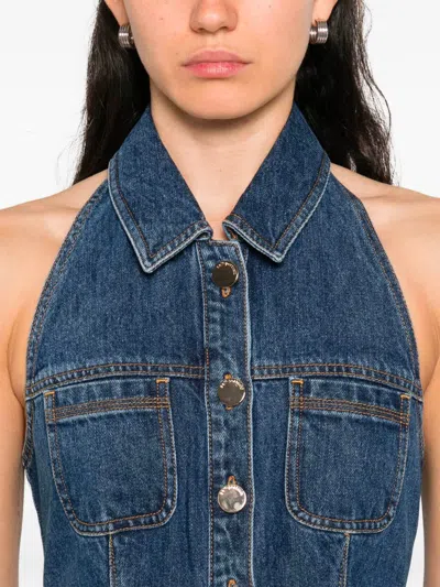 Self-portrait Denim Sleeveless Flared Mini Dress In Blue