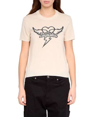 Zadig & Voltaire Idal Aero Heart Crystal Embellished Short Sleeve Cashmere Graphic Sweater In White
