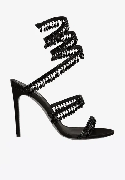 René Caovilla Chandelier 105 Crystal Wrap-around Sandals In Satin In Black