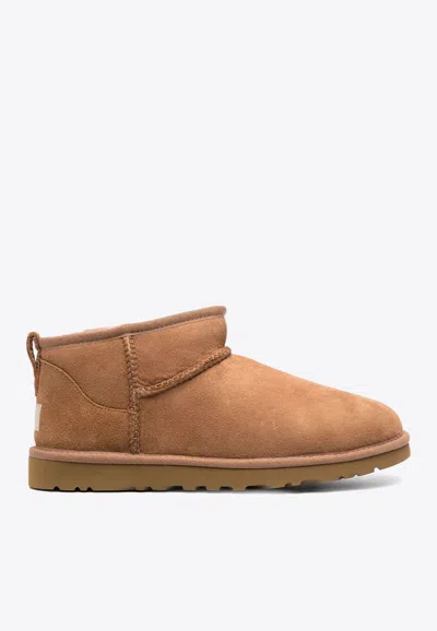 Ugg Biscuit Suede Classic Ultra Mini Ankle Boots In Brown