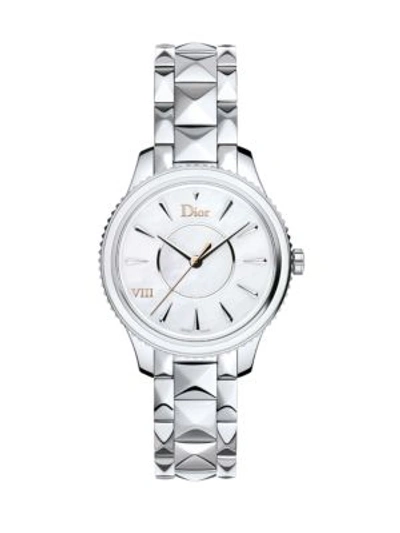 Dior Viii Montaigne Diamond, Mother-of-pearl & Stainless Steel Automatic Bracelet Watch In Silver