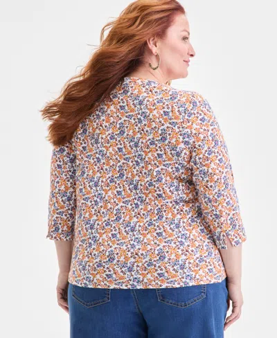 Style & Co Plus Size Cotton Boat-neck Top, Macy's Exclusive In Multi