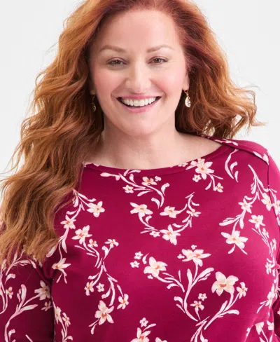 Style & Co Plus Size Cotton Boat-neck Top, Macy's Exclusive In Red