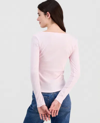 Hippie Rose Juniors' Scoop-neck Long-line Henley Top In Pink