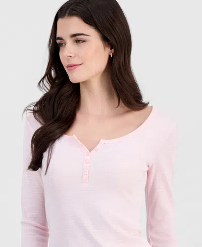 Hippie Rose Juniors' Scoop-neck Long-line Henley Top In Pink