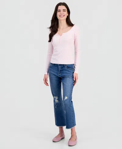 Hippie Rose Juniors' Scoop-neck Long-line Henley Top In Pink