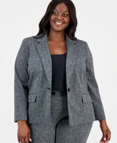 Kasper Plus Size Herringbone Single Button Blazer Pants In Gray