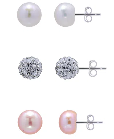 Giani Bernini White And Pink Freshwater Pearl Button And Clear Crystal Fireball Stud Earrings Set