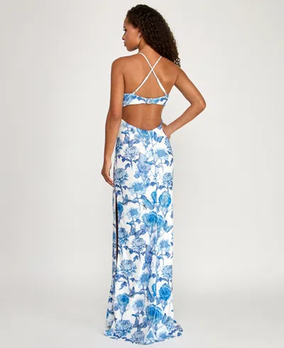 Emerald Sundae Juniors' Butterfly Sequin Sweetheart Neck Ball Gown In Blue