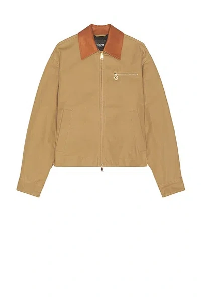 Versace Beige Jacket With Leather Collar And Metallic Medusa Head Detail In Cotton Canvas Man In Brown