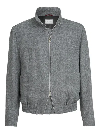 Brunello Cucinelli Stand Collar Hopsack Outerwear Jacket In Gray