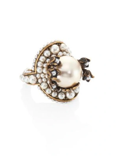 Shop Gucci Faux-pearl Flower Ring In Na