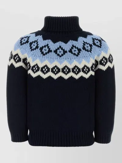 Prada Wool Blend Sweater Patterned Turtleneck Ribbed Trims In Black